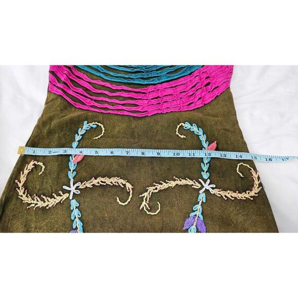 K.P.C. Bohemian Handmade in Nepal Embroidered Green Stonewashed Dress Small - Picture 8 of 9